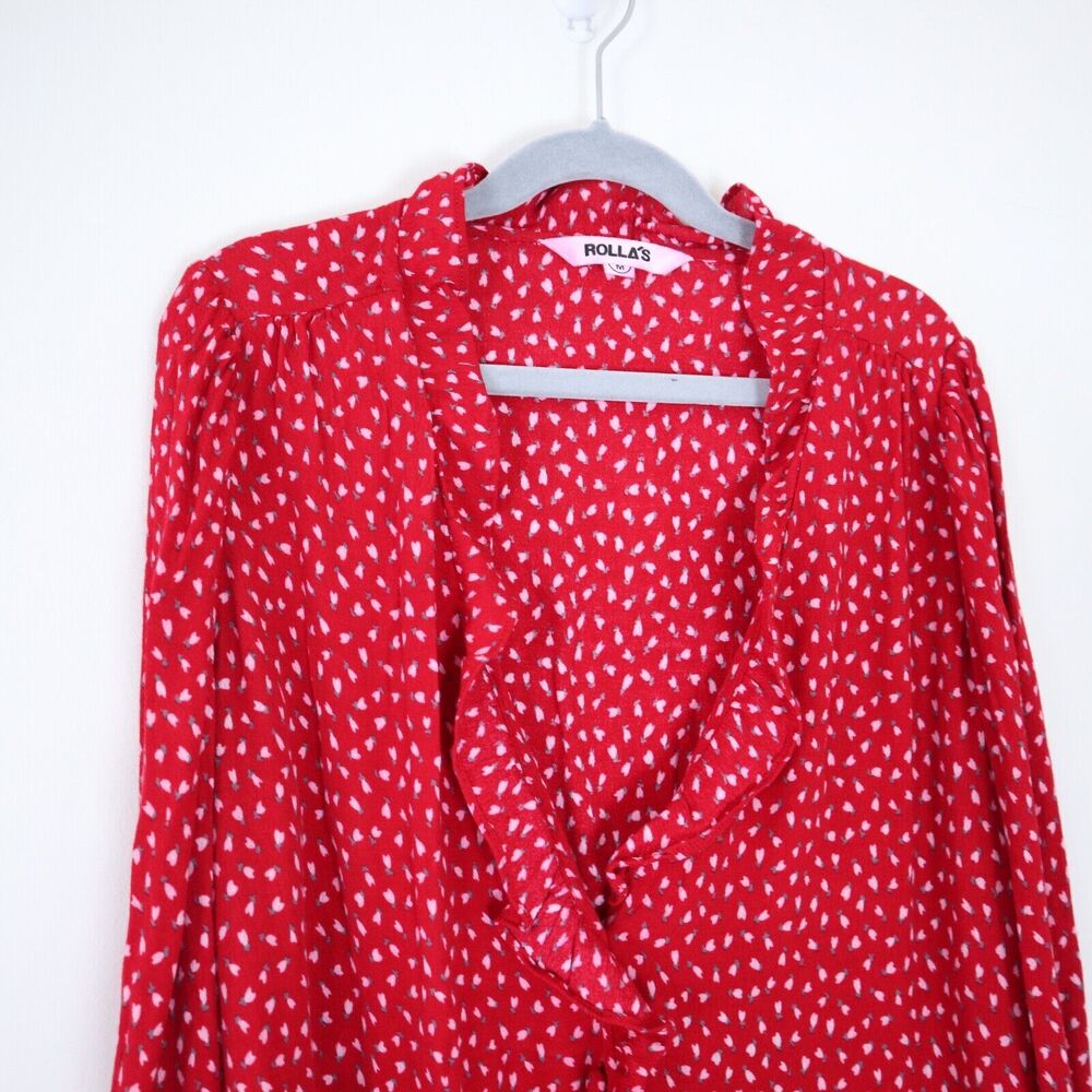 ROLLA’S Size M Lily Blouse Ruffle Trim Long Sleeve Red Pink Mini Tulip Print - Picture 4 of 11